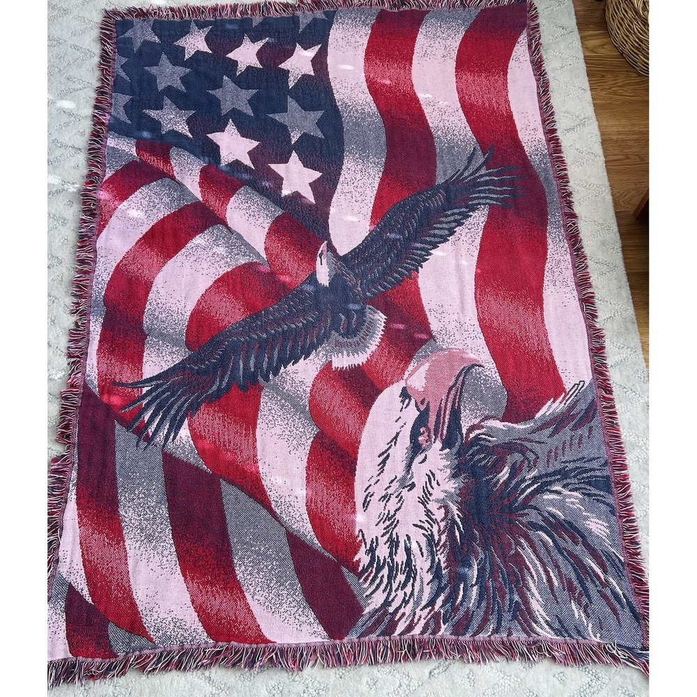 Vintage Tapestry Throw Blanket Goodwin Weavers USA Patriotic Eagle American Flag